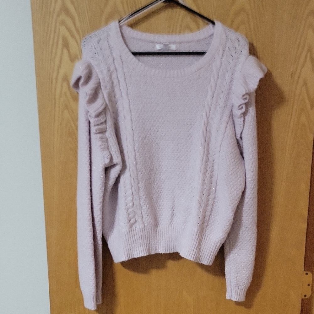 Purple Crew Neck Sweater with Ruffled Shoulders